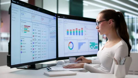 Financial Analyst Woman Using Computer For Cashflow Forecasting Stock Footage 344713965