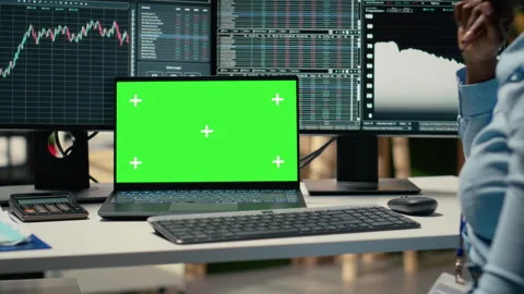 Financial analyst at work doing research using green screen laptop Stock Footage 315154941
