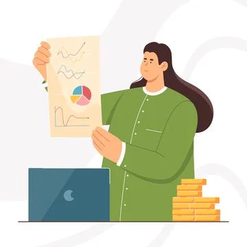 Financial analytics and data statistics research of analyst holding report with Illustrazione stock