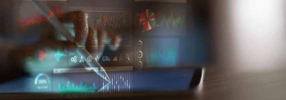 Financial Analytics and Data Visualization Displayed on a Digital Tablet in a Foto stock