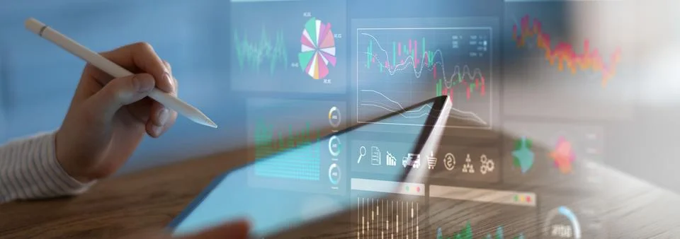 Financial Analytics and Data Visualization Displayed on a Digital Tablet in a Foto stock
