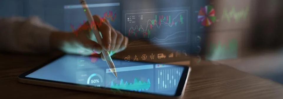 Financial Analytics and Data Visualization Displayed on a Digital Tablet in a Foto stock
