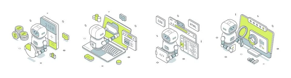 Financial analytics and web development isometric vector illustration. Robot  Stock Illustration