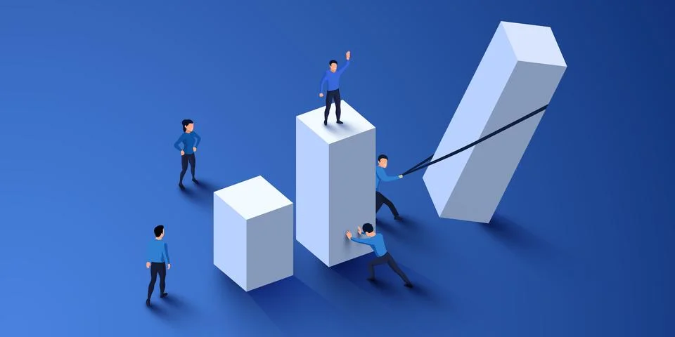 Financial analytics concept. 3D chart with people group. Stock Illustration