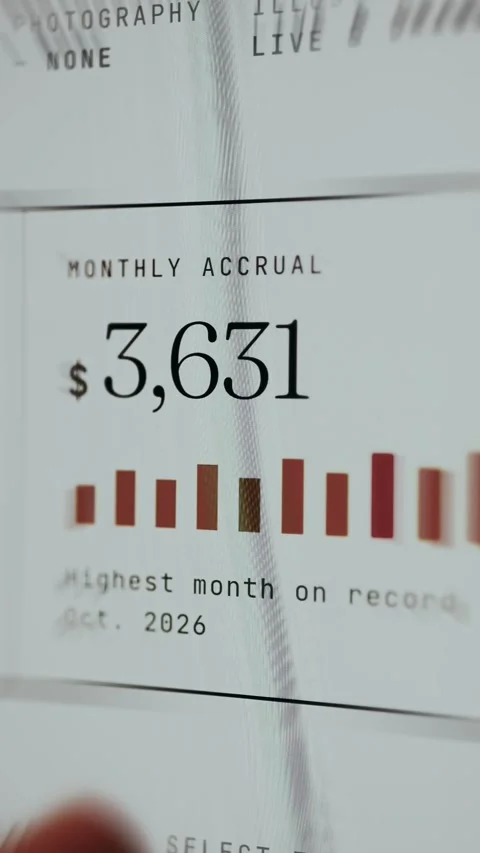 Financial analytics dashboard showing accrued monthly income Stock Footage 335896084