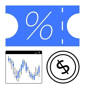 Financial Analytics Elements Featuring Discount Voucher, Stock Chart, and D.. Stock Illustration