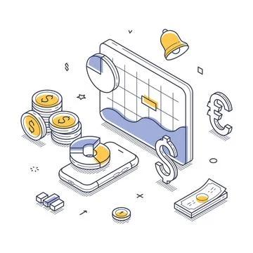 Financial analytics with modern technology and currency elements isometric .. イラスト素材
