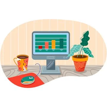 Financial analytics work place table with computer Stock Illustration