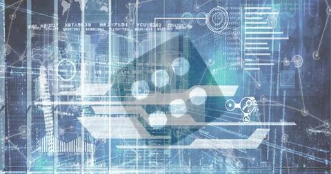 Financial and computer data over dice against blue background, technology and Stock Illustration