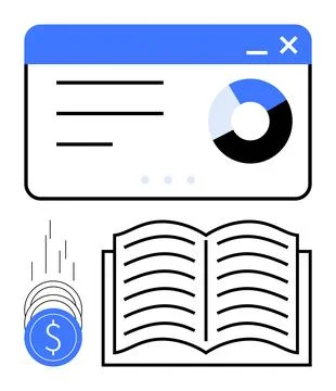 Financial and Educational Analysis Tools Graphs, Book, and Coins Illustration 스톡 일러스트