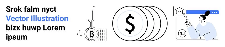 Financial and Educational Elements with Bitcoin and Dollar Icons in Clean D.. 스톡 일러스트