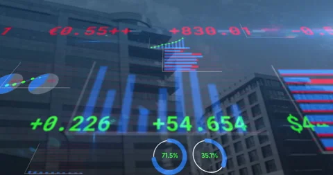 Financial and statistical data processing against tall buildings in background Video stock 152706065