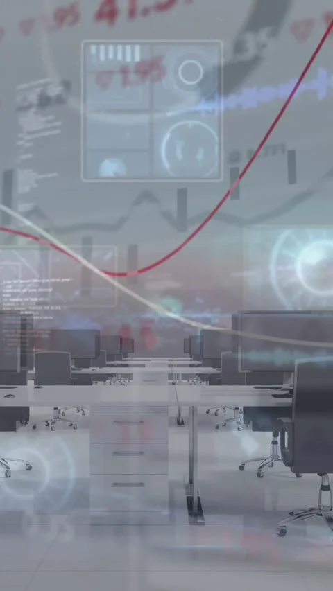 Financial and statistical data processing against empty office in background Stock Footage 331630686