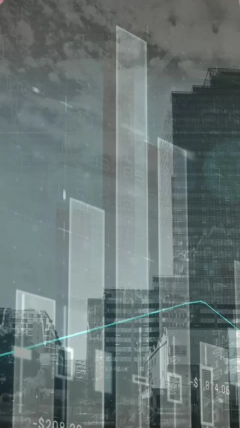 Financial and statistical data processing against tall buildings in background Stock Footage 341658351