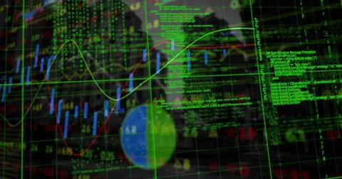 Financial and statistical data processing against tall buildings in background Stock Illustration