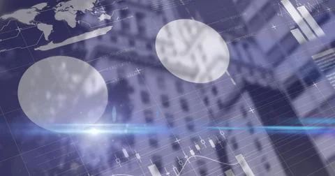 Financial and statistical data processing against cityscape in background Stock Illustration