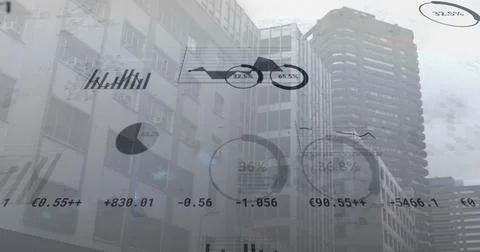 Financial and statistical data processing against tall buildings in background Stock Illustration