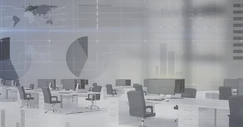 Financial and statistical data processing against empty office in background Stock Illustration