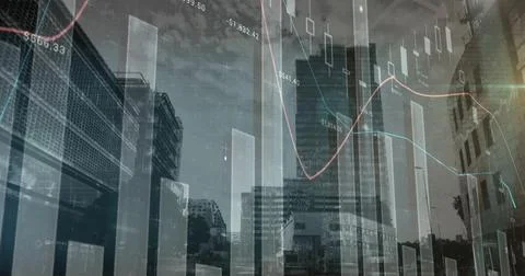 Financial and statistical data processing against tall buildings in background Foto stock