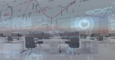 Financial and statistical data processing against empty office in background Stock Photos