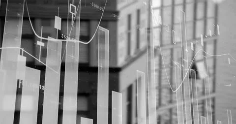 Financial and statistical data processing against tall buildings in background Foto stock