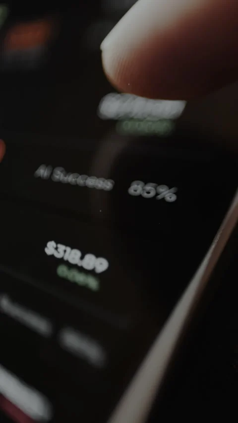 Financial app interface with automated trading showing AI Success rate and Video stock 328882065