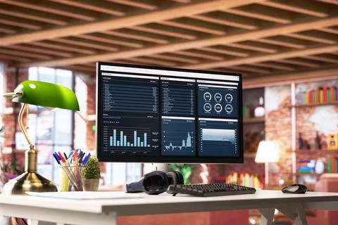 Financial application UI on PC screen showing company revenue Stock Photos