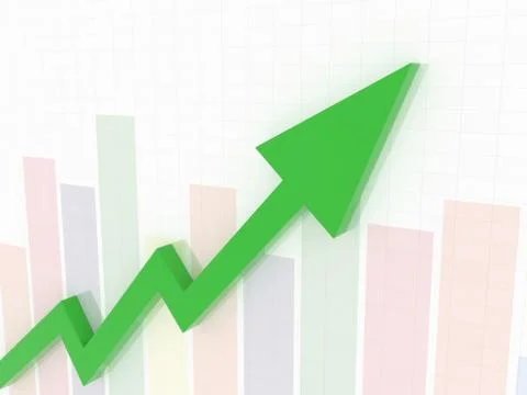 Financial up arrow with statistical bars and grid white background 3d rendering Stock Illustration