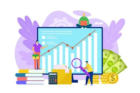 Financial audit at computer, vector illustration. Business finance data concept Stock Illustration