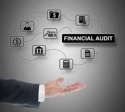 Financial audit concept levitating above a hand Ilustração Stock