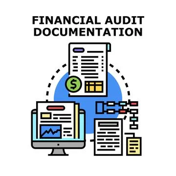 Financial audit documentation process and data analysis concept Illustrazione stock