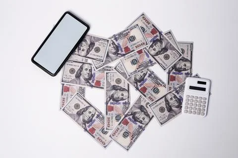 A financial audit presentation layout featuring a smartphone with a blank w.. Stock Photos