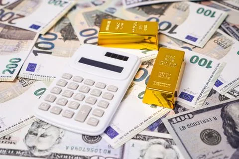 A financial auditing presentation layout featuring a white electronic calcu.. Stock Photos