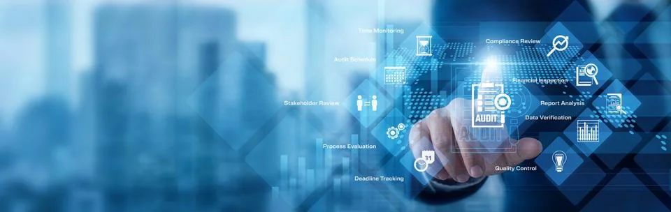 Financial auditor analyzing digital data pointing hand at Audit compliance .. Stock Photos