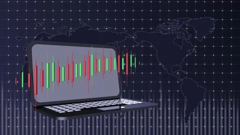 Financial background with a moving candlestick chart against the laptop on a Stock Footage 162452361