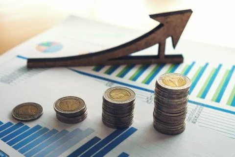 Financial banking stock spreadsheet with stack coin and pen, accountant data, Stockfoto's