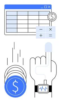 Financial Calculation Concept with Spreadsheet, Currency, and Smartwatch fo.. Stock Illustration
