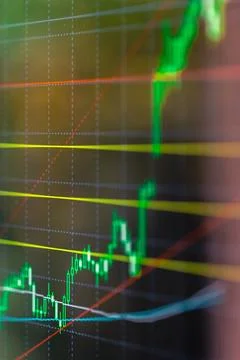Financial candlestick chart with indicator lines. Market data analysis on d.. Stock Photos