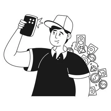 Financial character, a guy in a cap takes a photo against the background of Stock Illustration