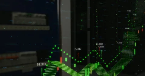 Financial chart animating in dark server room showing green dot matrix trends Stock Footage 307468721