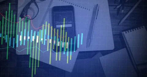 Financial chart animation over smartphone with Discount Code text on desk Stock Footage 306818791