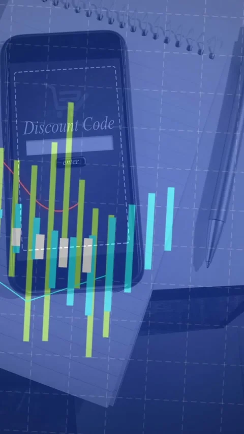 Financial chart animation over smartphone with Discount Code text on desk Stock Footage 343682630
