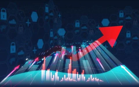 A financial chart with a bright red upward arrow against a background of di.. Stock Illustration