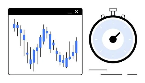 Financial chart with candlestick patterns next to a timer clock. Ideal for st Stock Illustration