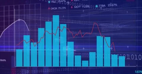 Financial chart displaying cyan bars, red line in blue dashboard, with ticker Stock Illustration