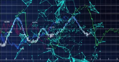 Financial chart displaying in dark grid UI, with candlesticks, line graphs, Illustrazione stock