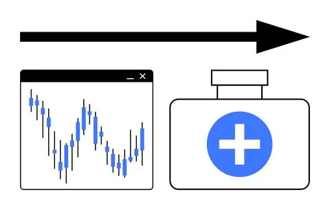 Financial chart with fluctuating data next to a medical bottle with a cross s Illustrazione stock