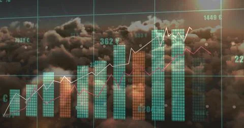 Financial chart hovering in cloudy sky, with bars, lines, teal grid, numeric  Stock Photos