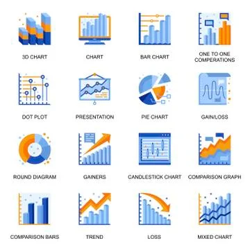 Financial chart icons set in flat style. Ilustración de archivo