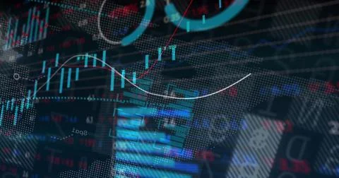 Financial chart image on live feed, cyan candlesticks climbing then retracing to Illustrazione stock